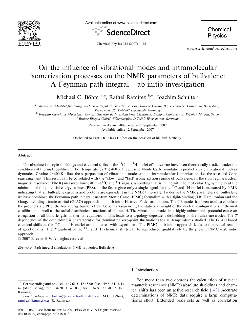 On the influence of vibrational modes and intramolecular isomerization processes on the NMR parameters of bullvalene: A Feynman path integral - ab initio investigation