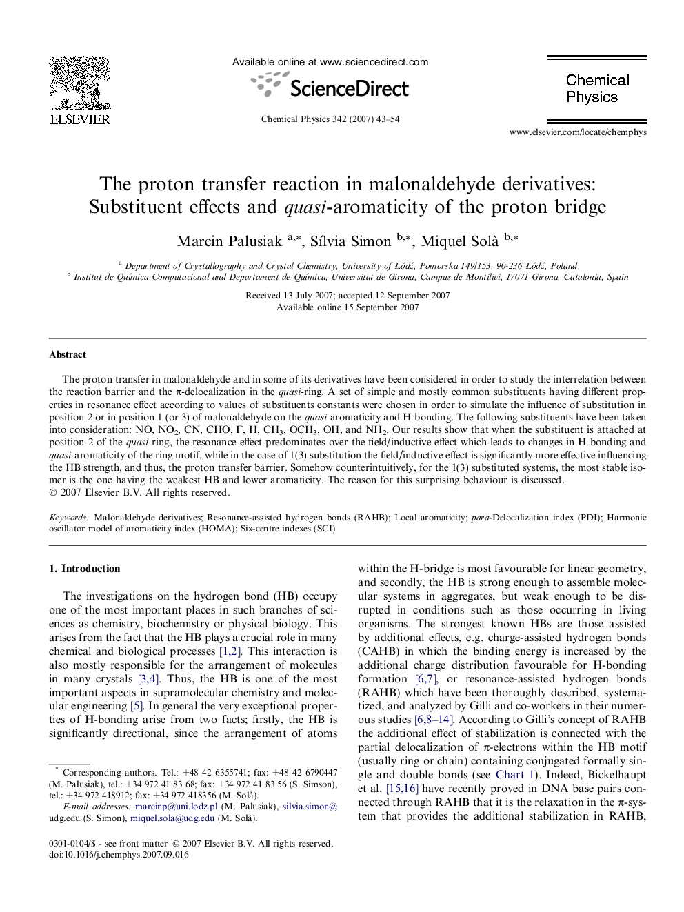 The proton transfer reaction in malonaldehyde derivatives: Substituent effects and quasi-aromaticity of the proton bridge
