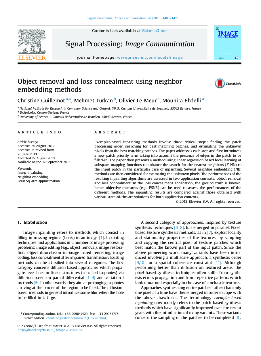 Object removal and loss concealment using neighbor embedding methods