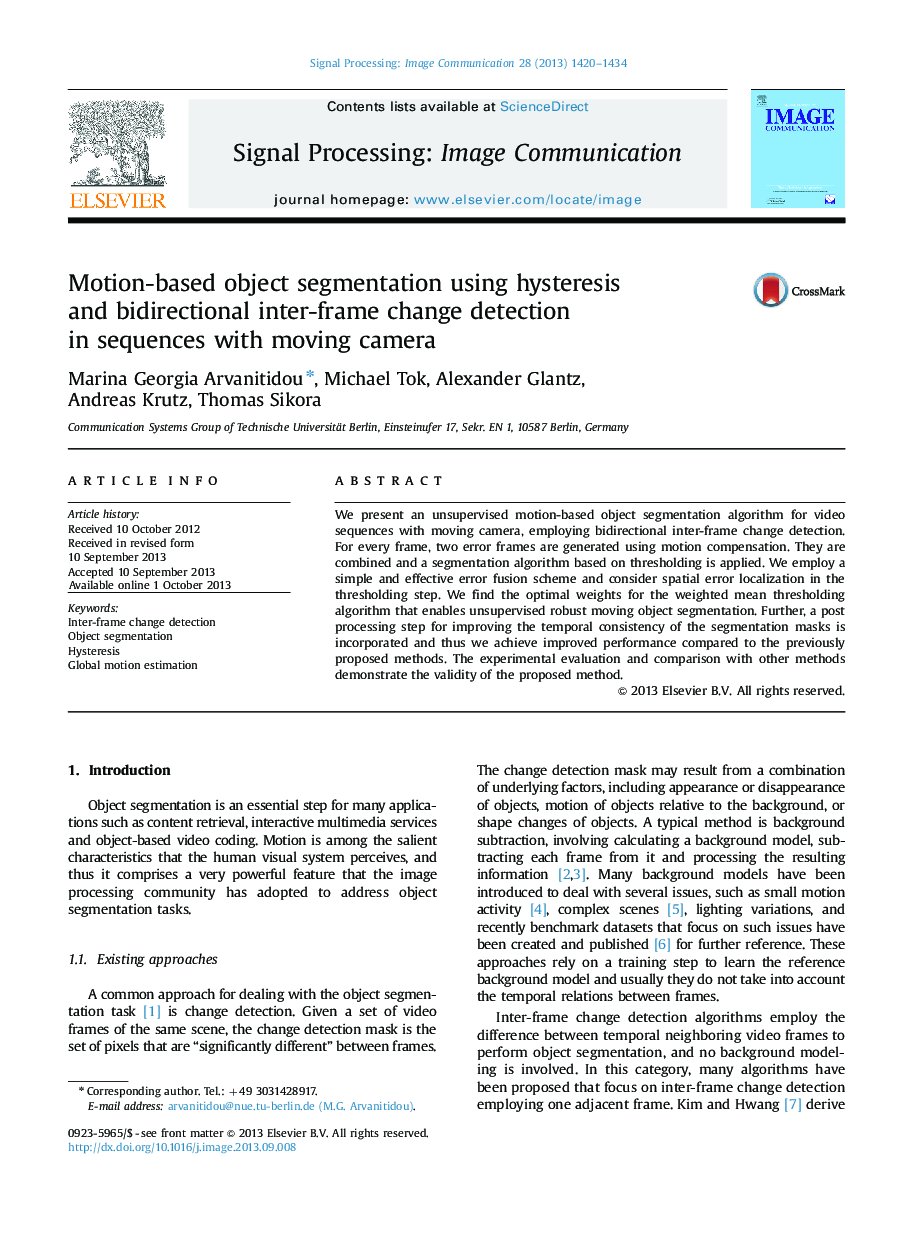 Motion-based object segmentation using hysteresis and bidirectional inter-frame change detection in sequences with moving camera