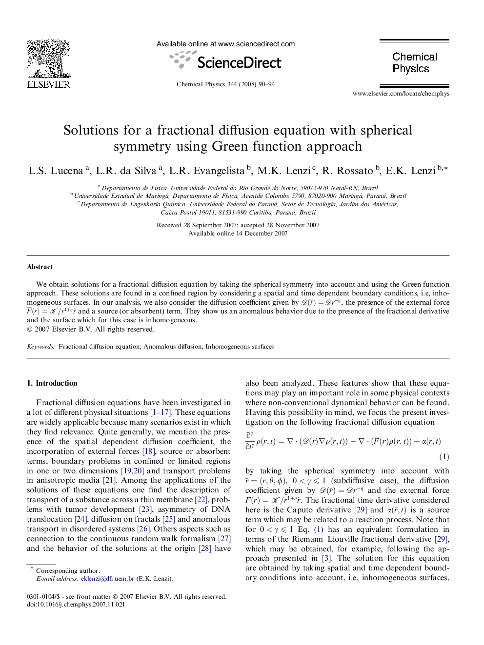 Solutions for a fractional diffusion equation with spherical symmetry using Green function approach