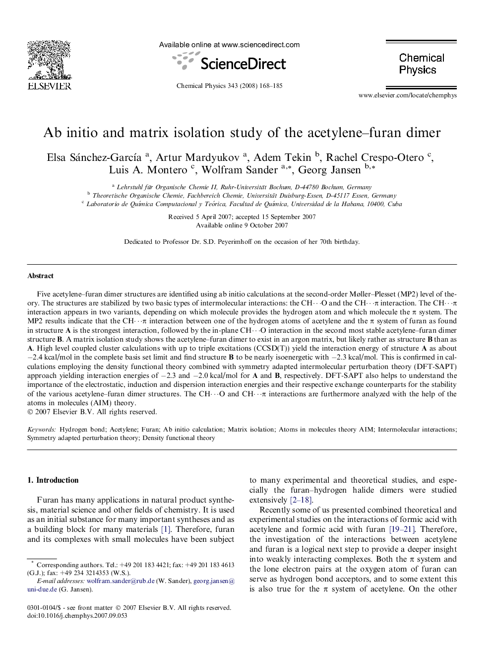 Ab initio and matrix isolation study of the acetylene-furan dimer