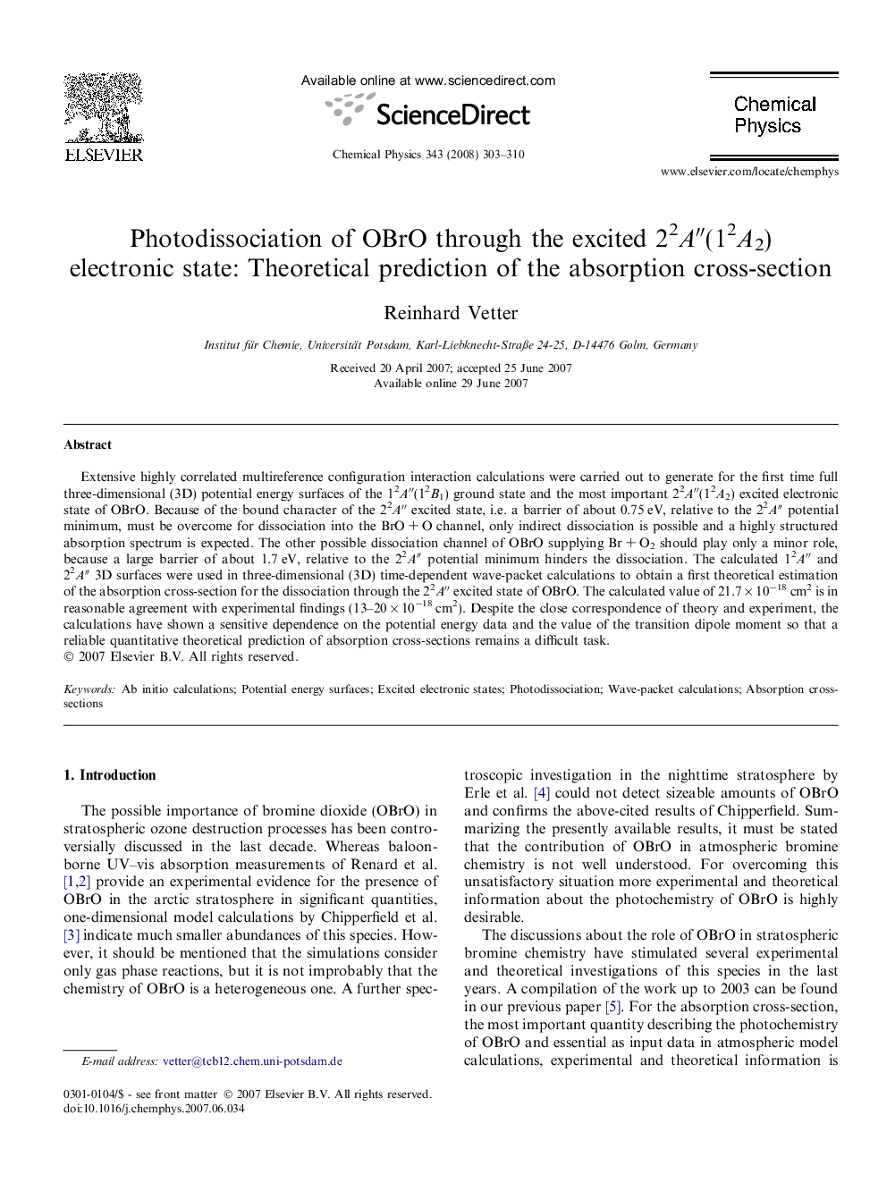 Photodissociation of OBrO through the excited 22Aâ³(12A2) electronic state: Theoretical prediction of the absorption cross-section