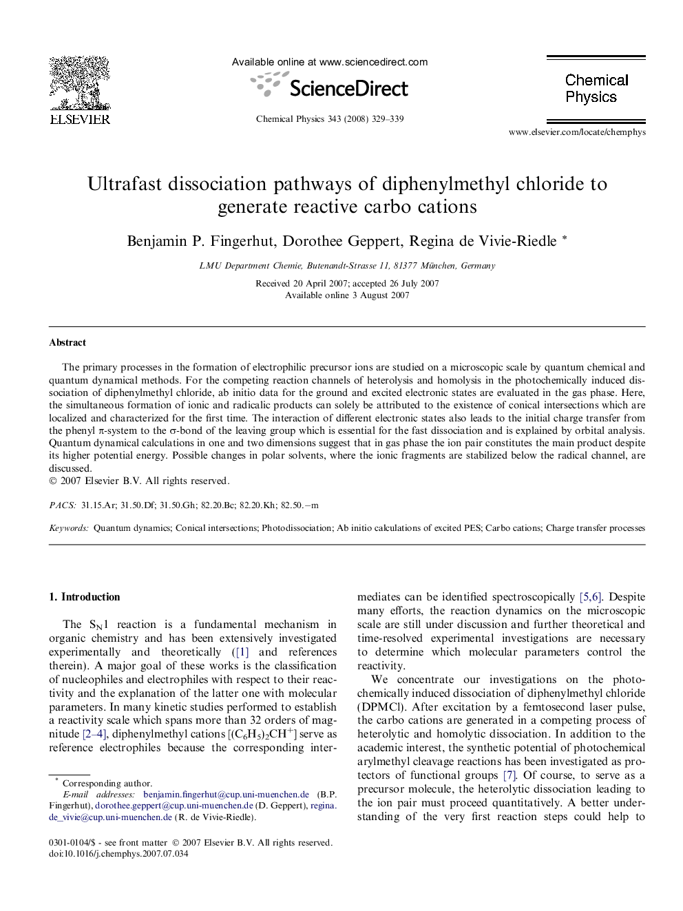 Ultrafast dissociation pathways of diphenylmethyl chloride to generate reactive carbo cations