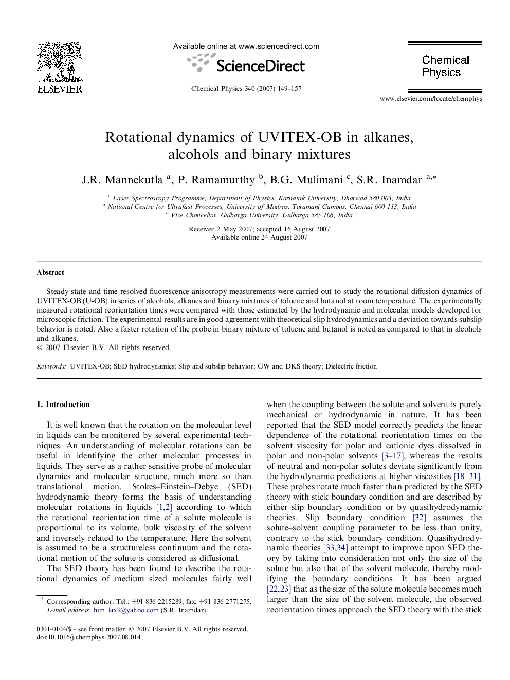 Rotational dynamics of UVITEX-OB in alkanes, alcohols and binary mixtures