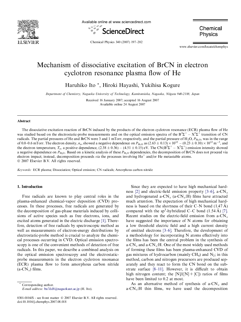 Mechanism of dissociative excitation of BrCN in electron cyclotron resonance plasma flow of He