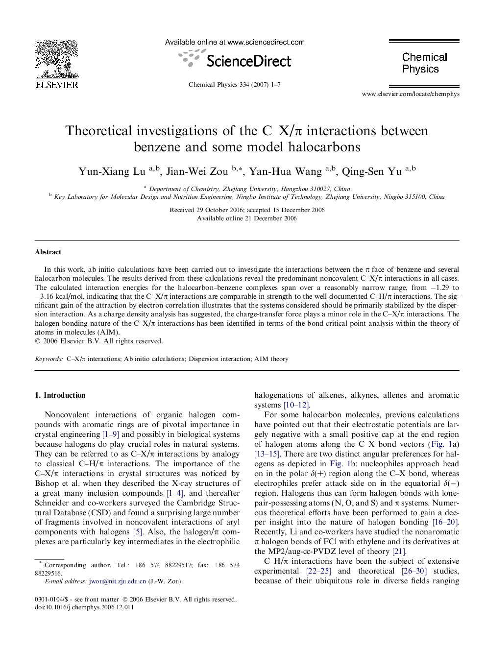 عکس صفحه اول مقاله: Theoretical investigations of the C-X/Ï interactions between benzene and some model halocarbons Theoretical investigations of the C-X/Ï interactions between benzene and some model halocarbons