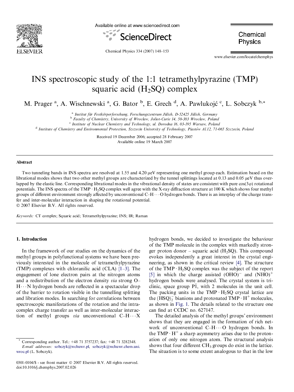 INS spectroscopic study of the 1:1 tetramethylpyrazine (TMP) squaric acid (H2SQ) complex