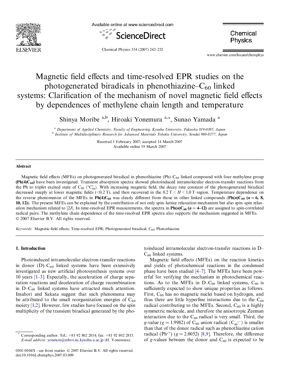 Magnetic field effects and time-resolved EPR studies on the photogenerated biradicals in phenothiazine-C60 linked systems: Clarification of the mechanism of novel magnetic field effects by dependences of methylene chain length and temperature