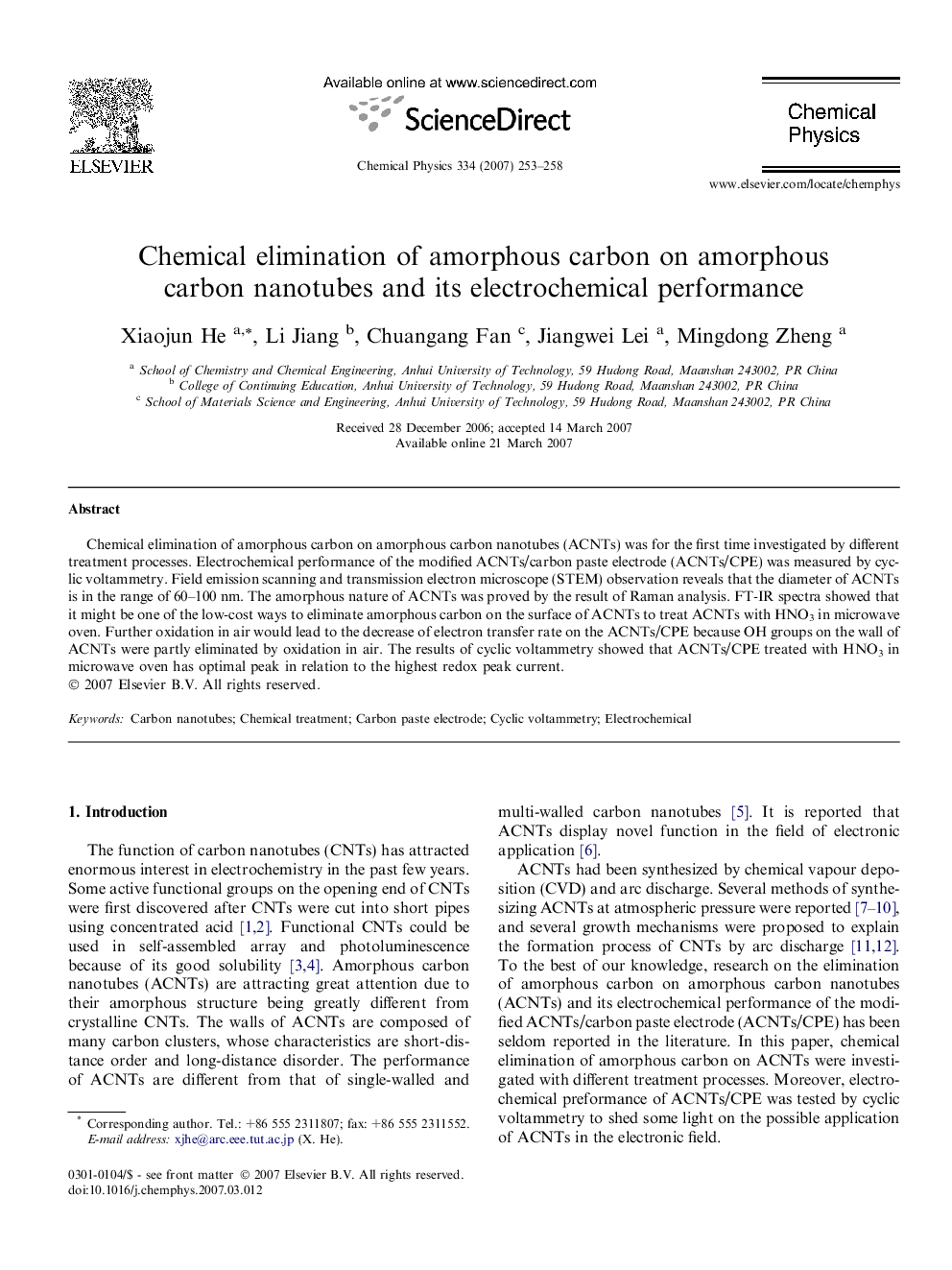 عکس صفحه اول مقاله: Chemical elimination of amorphous carbon on amorphous carbon nanotubes and its electrochemical performance Chemical elimination of amorphous carbon on amorphous carbon nanotubes and its electrochemical performance