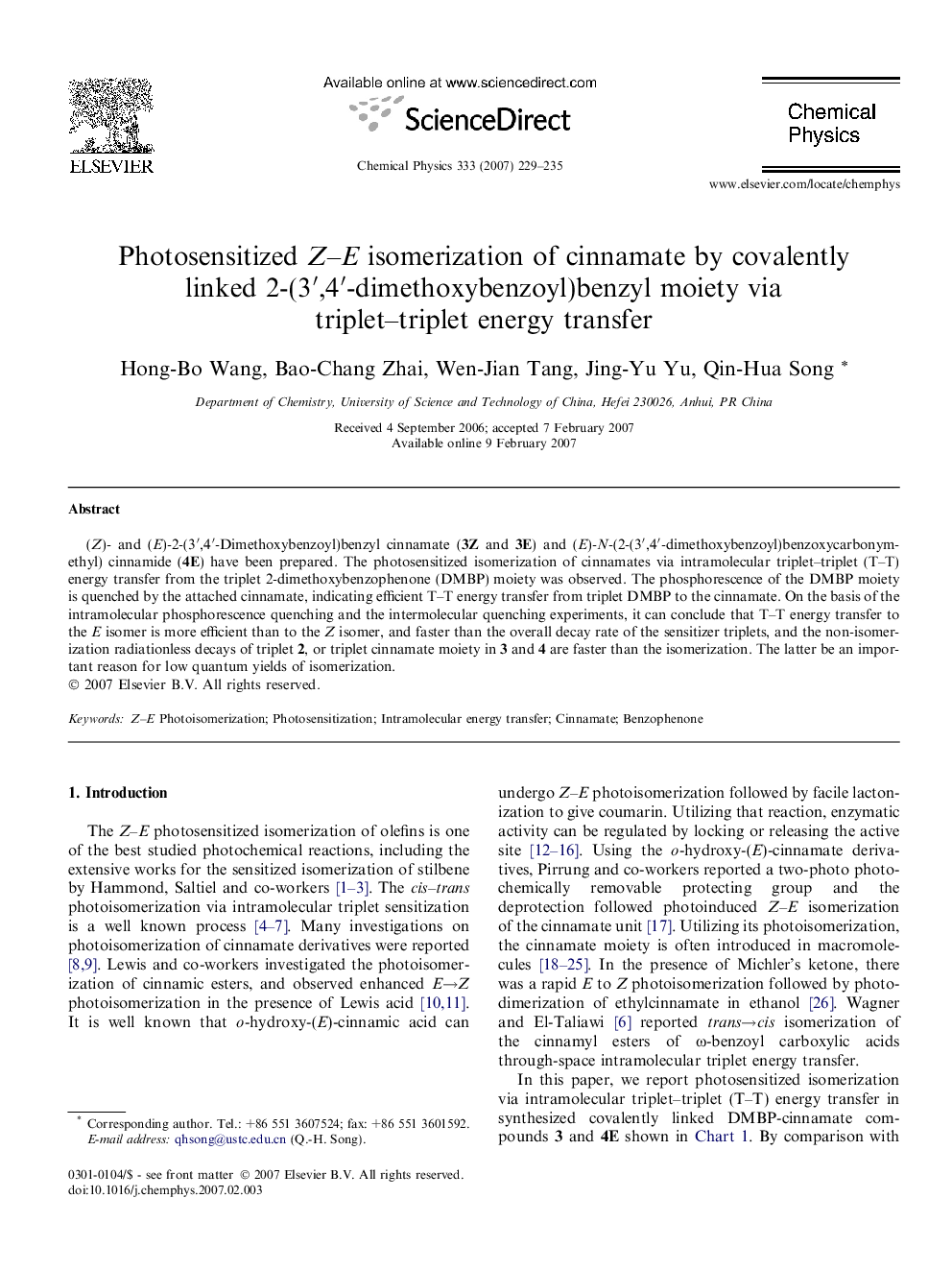 Photosensitized Z-E isomerization of cinnamate by covalently linked 2-(3â²,4â²-dimethoxybenzoyl)benzyl moiety via triplet-triplet energy transfer