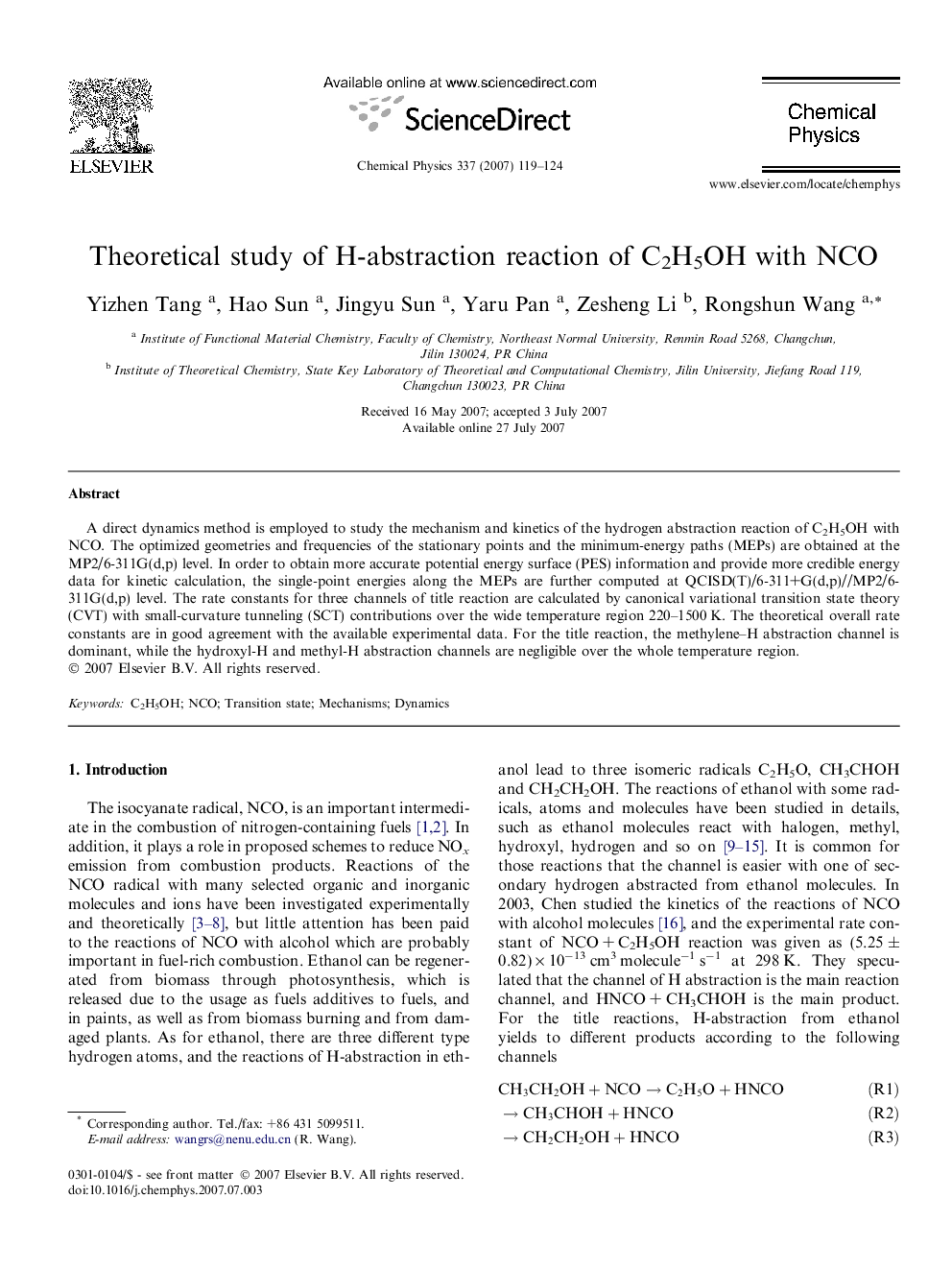 Theoretical study of H-abstraction reaction of C2H5OH with NCO