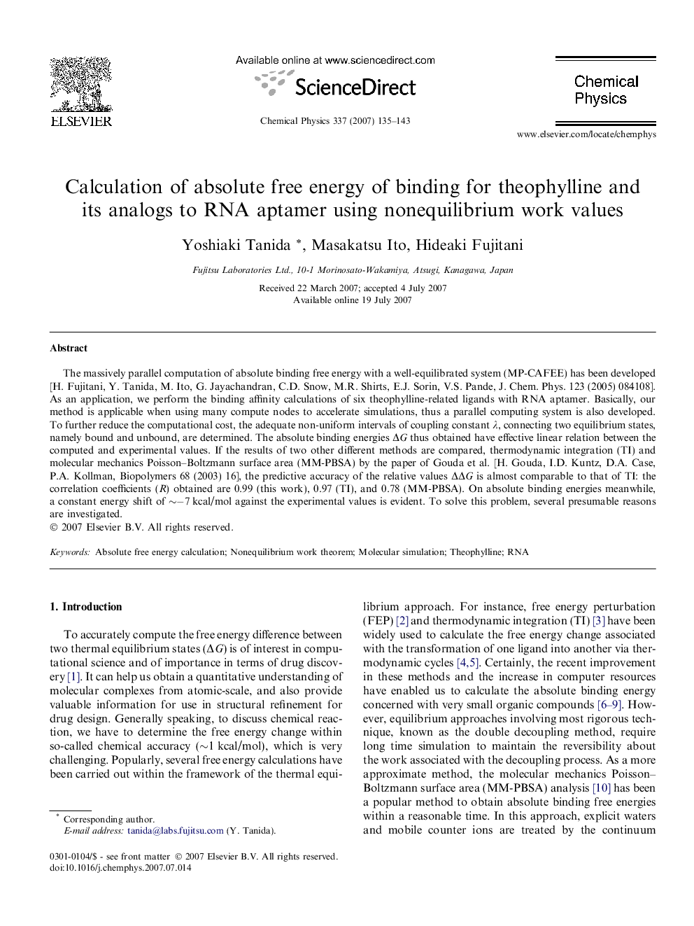 Calculation of absolute free energy of binding for theophylline and its analogs to RNA aptamer using nonequilibrium work values