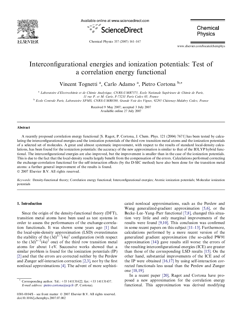 Interconfigurational energies and ionization potentials: Test of a correlation energy functional