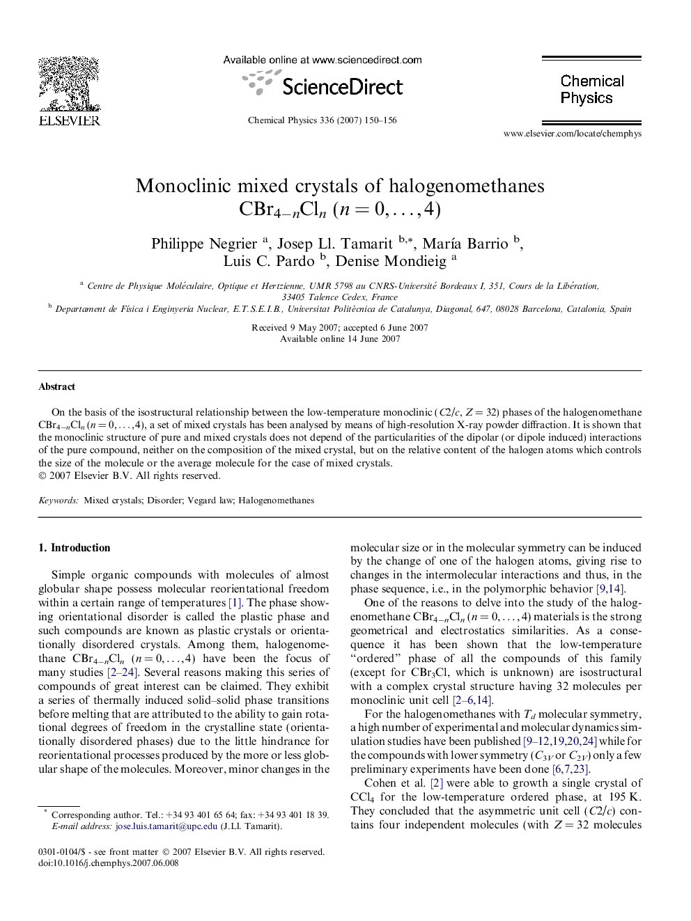 Monoclinic mixed crystals of halogenomethanes CBr4ânCln (nÂ =Â 0,Â â¦Â ,Â 4)