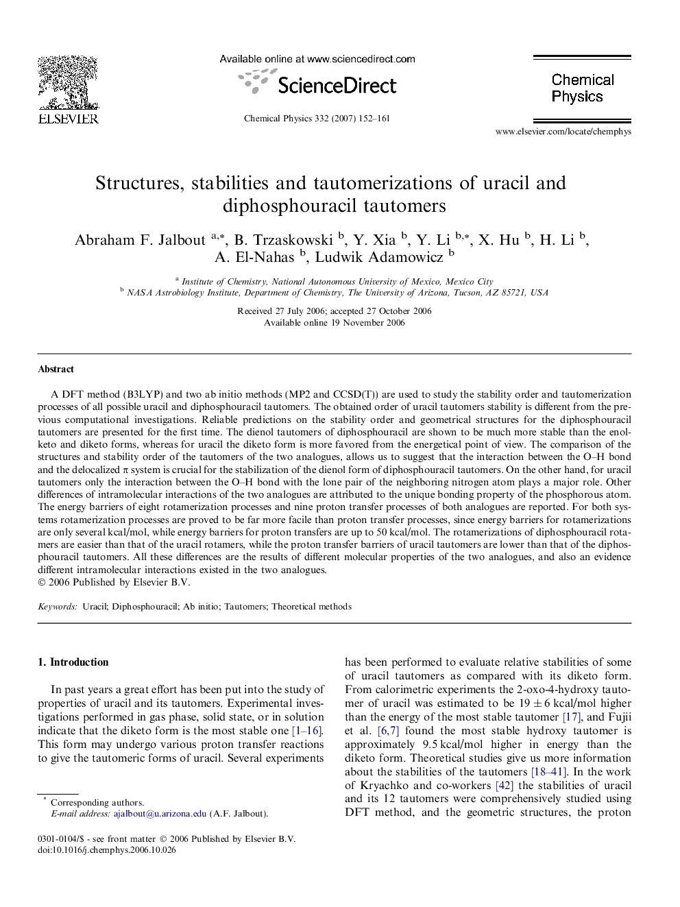 Structures, stabilities and tautomerizations of uracil and diphosphouracil tautomers