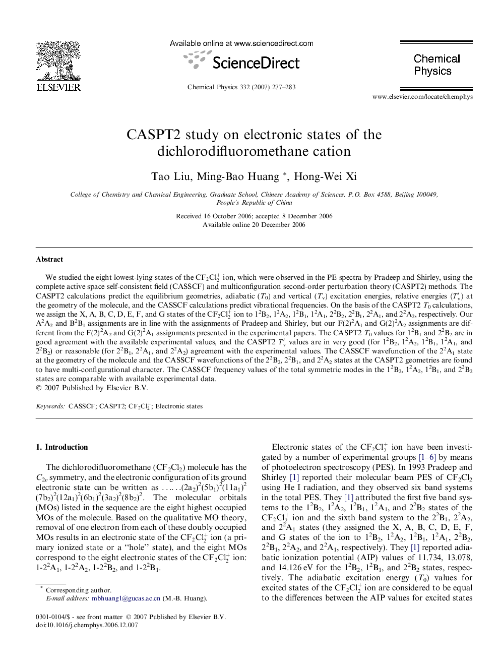 عکس صفحه اول مقاله: CASPT2 study on electronic states of the dichlorodifluoromethane cation CASPT2 study on electronic states of the dichlorodifluoromethane cation