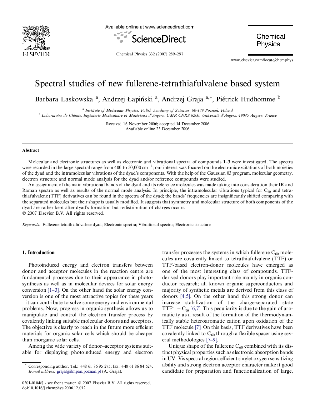 Spectral studies of new fullerene-tetrathiafulvalene based system