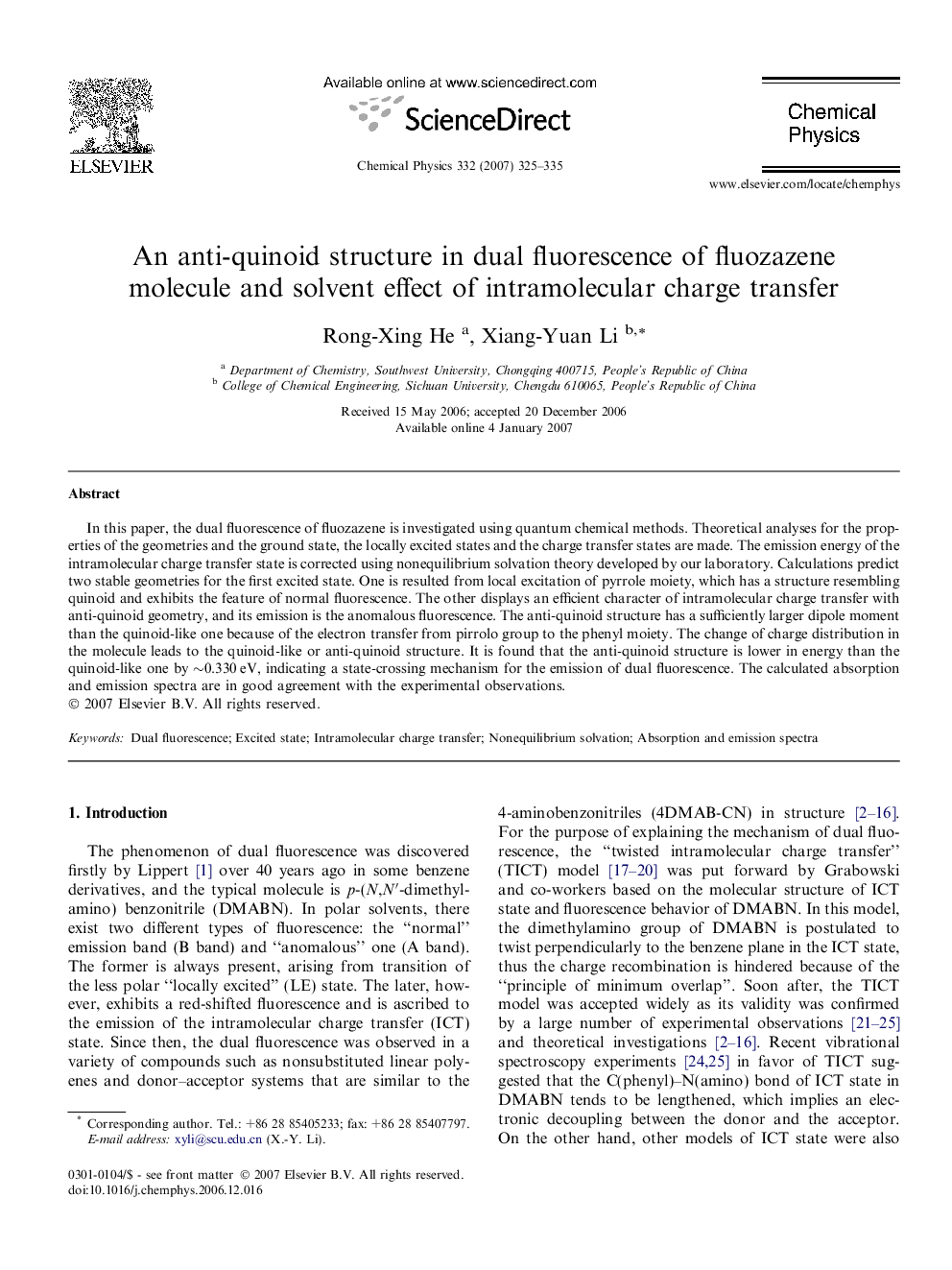 An anti-quinoid structure in dual fluorescence of fluozazene molecule and solvent effect of intramolecular charge transfer