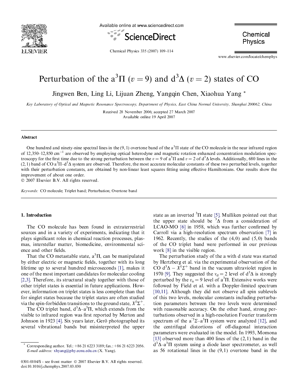 Perturbation of the a3Î  (vÂ =Â 9) and d3Î (vÂ =Â 2) states of CO