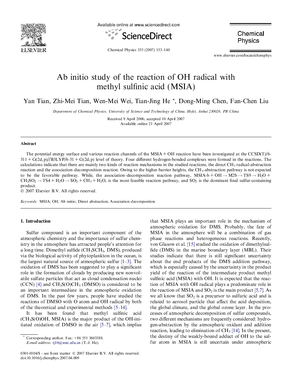 Ab initio study of the reaction of OH radical with methyl sulfinic acid (MSIA)