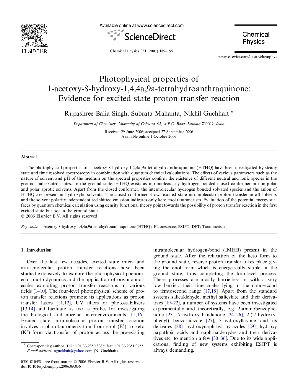 Photophysical properties of 1-acetoxy-8-hydroxy-1,4,4a,9a-tetrahydroanthraquinone: Evidence for excited state proton transfer reaction