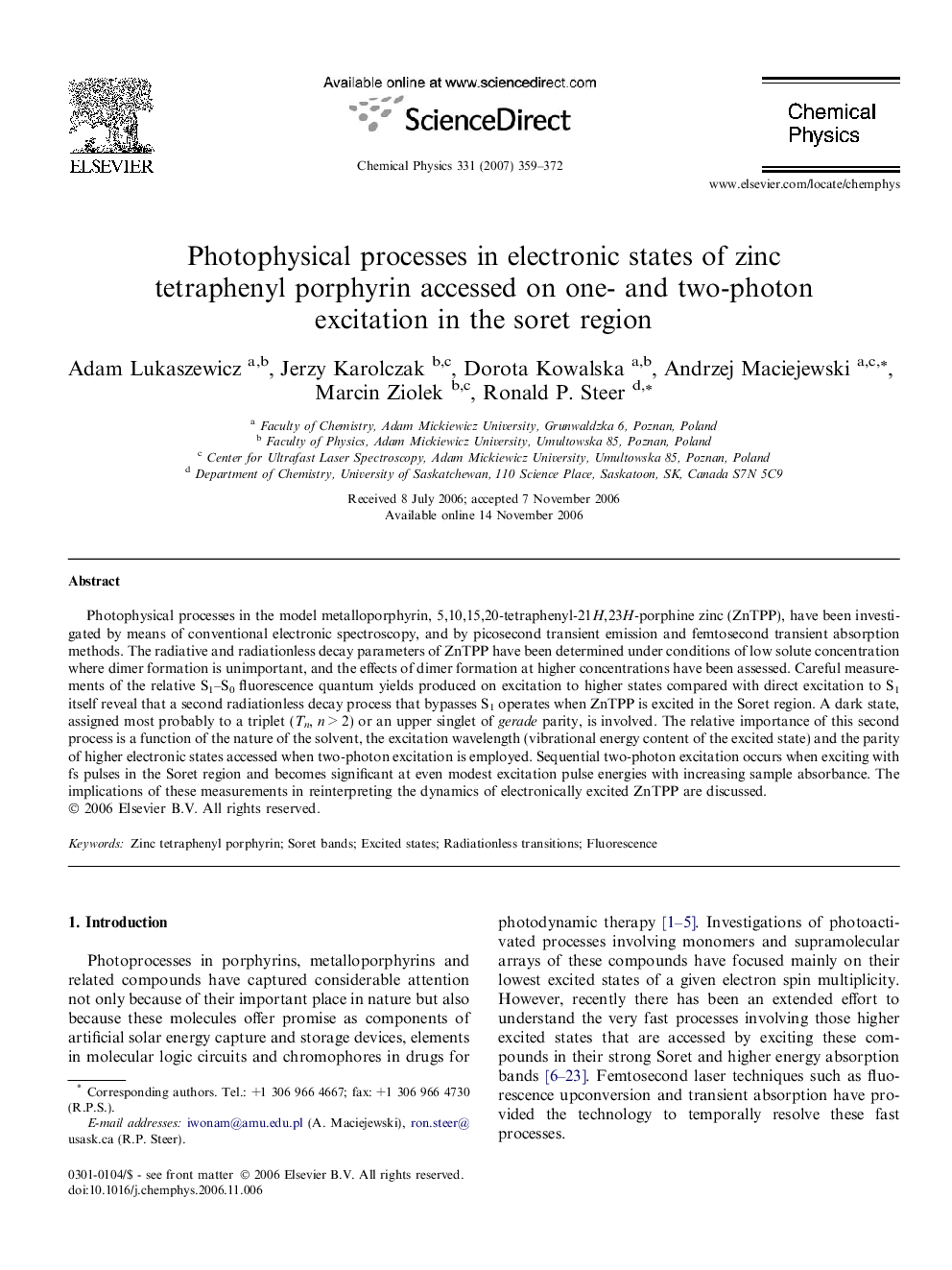 Photophysical processes in electronic states of zinc tetraphenyl porphyrin accessed on one- and two-photon excitation in the soret region