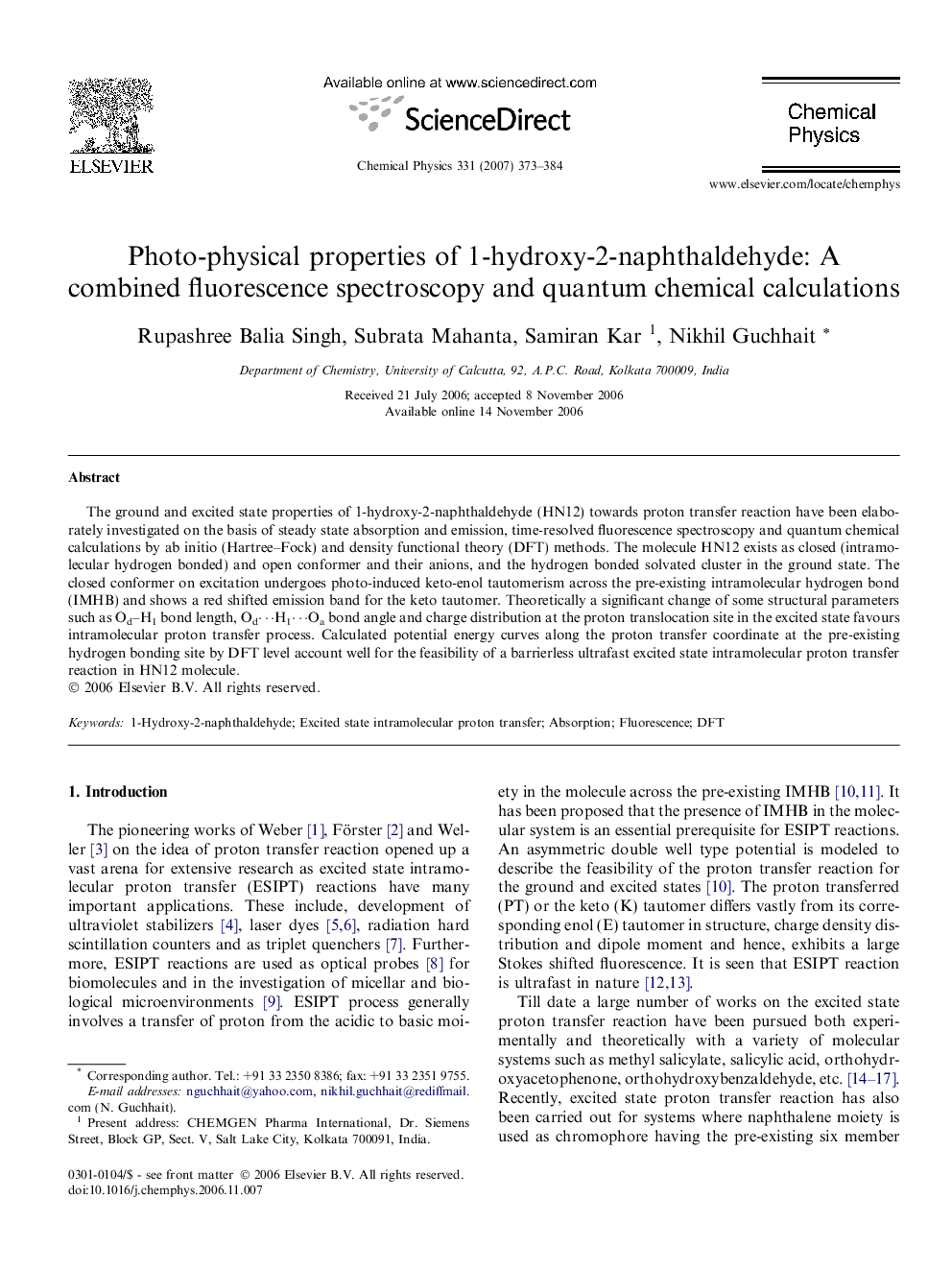 Photo-physical properties of 1-hydroxy-2-naphthaldehyde: A combined fluorescence spectroscopy and quantum chemical calculations