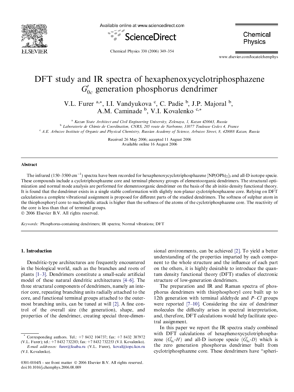 DFT study and IR spectra of hexaphenoxycyclotriphosphazene G0câ² generation phosphorus dendrimer