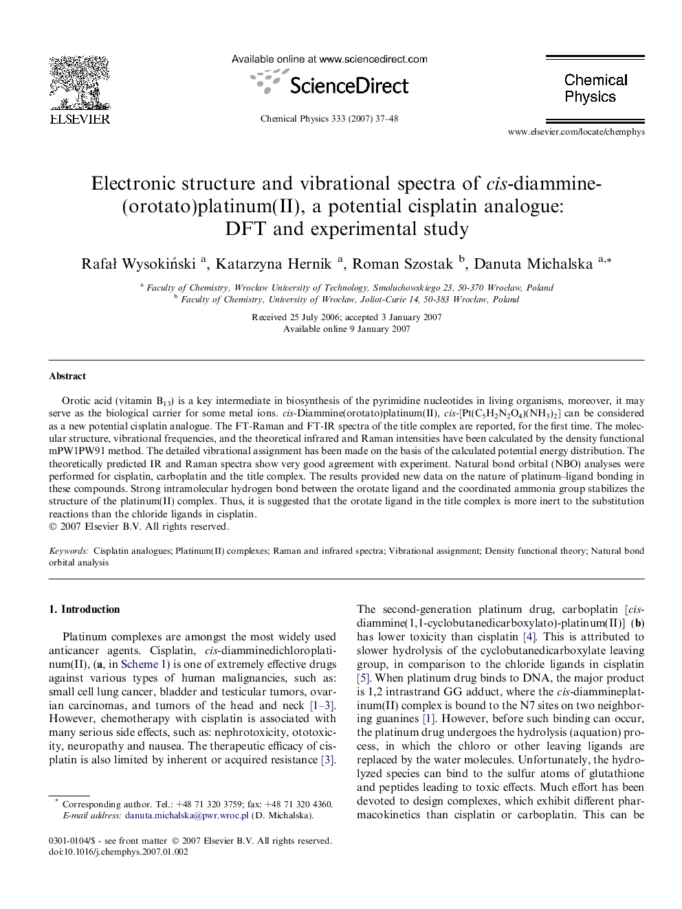 Electronic structure and vibrational spectra of cis-diammine(orotato)platinum(II), a potential cisplatin analogue: DFT and experimental study