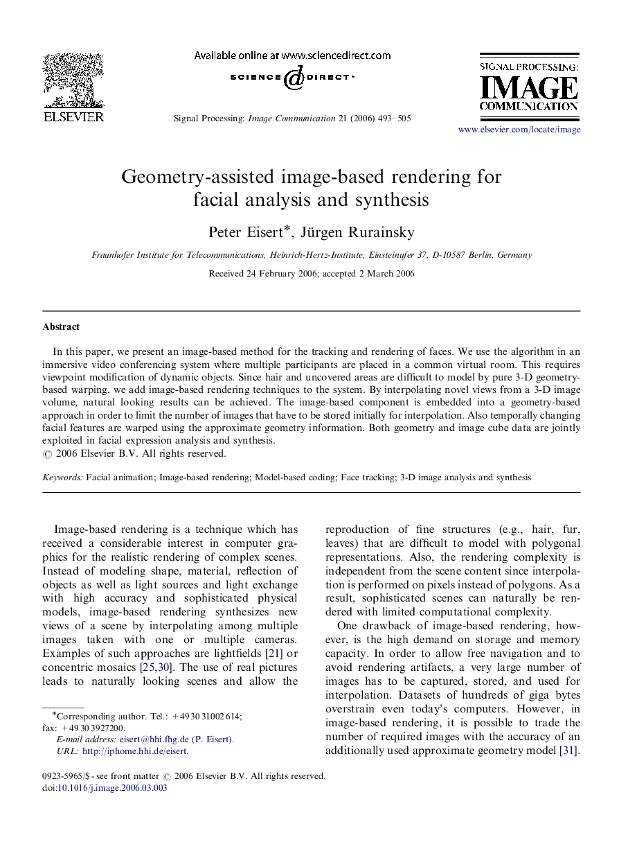 Geometry-assisted image-based rendering for facial analysis and synthesis