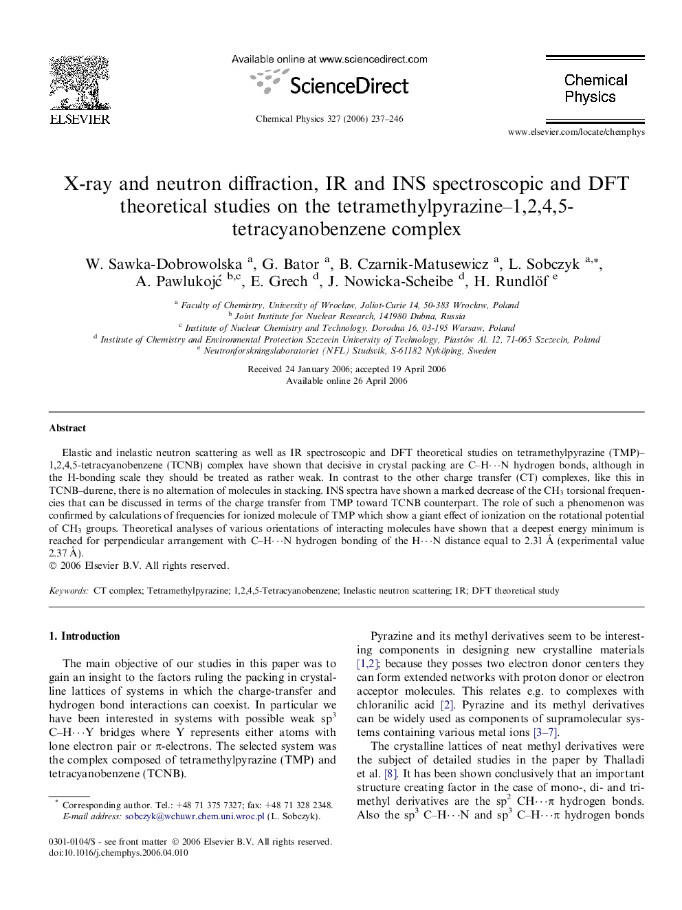 X-ray and neutron diffraction, IR and INS spectroscopic and DFT theoretical studies on the tetramethylpyrazine-1,2,4,5-tetracyanobenzene complex