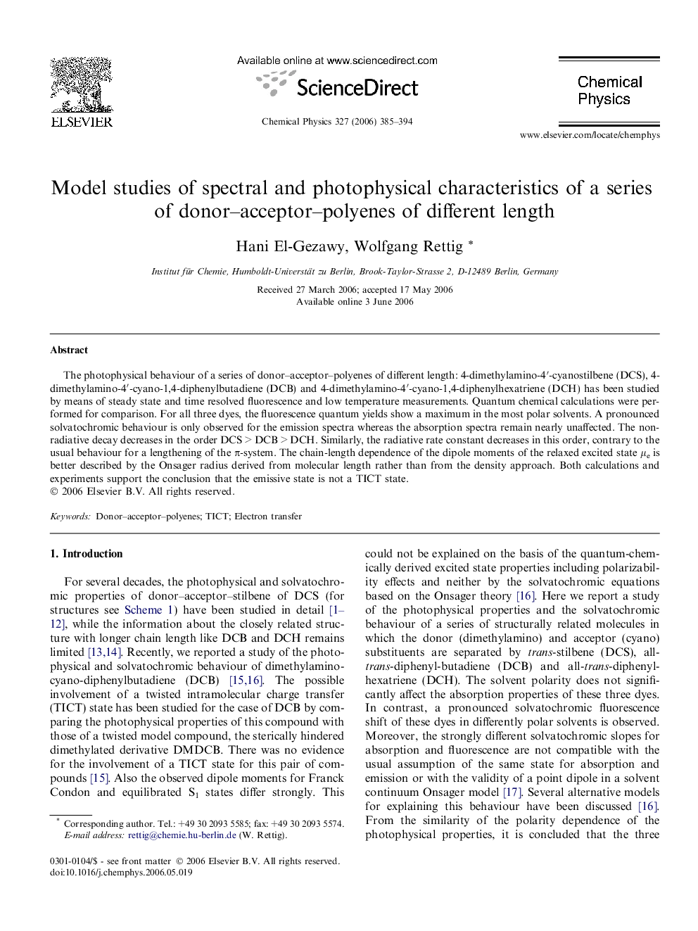 Model studies of spectral and photophysical characteristics of a series of donor-acceptor-polyenes of different length