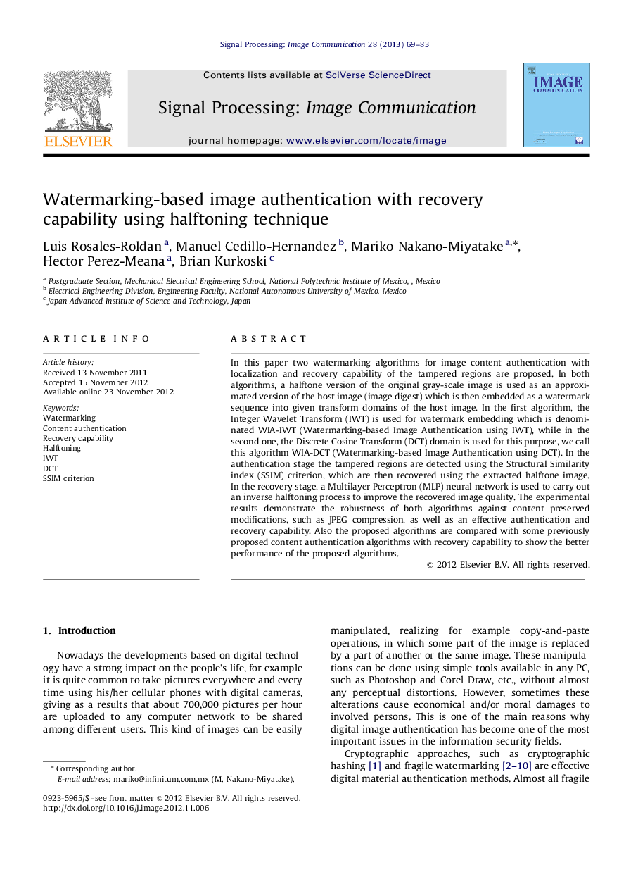 Watermarking-based image authentication with recovery capability using halftoning technique