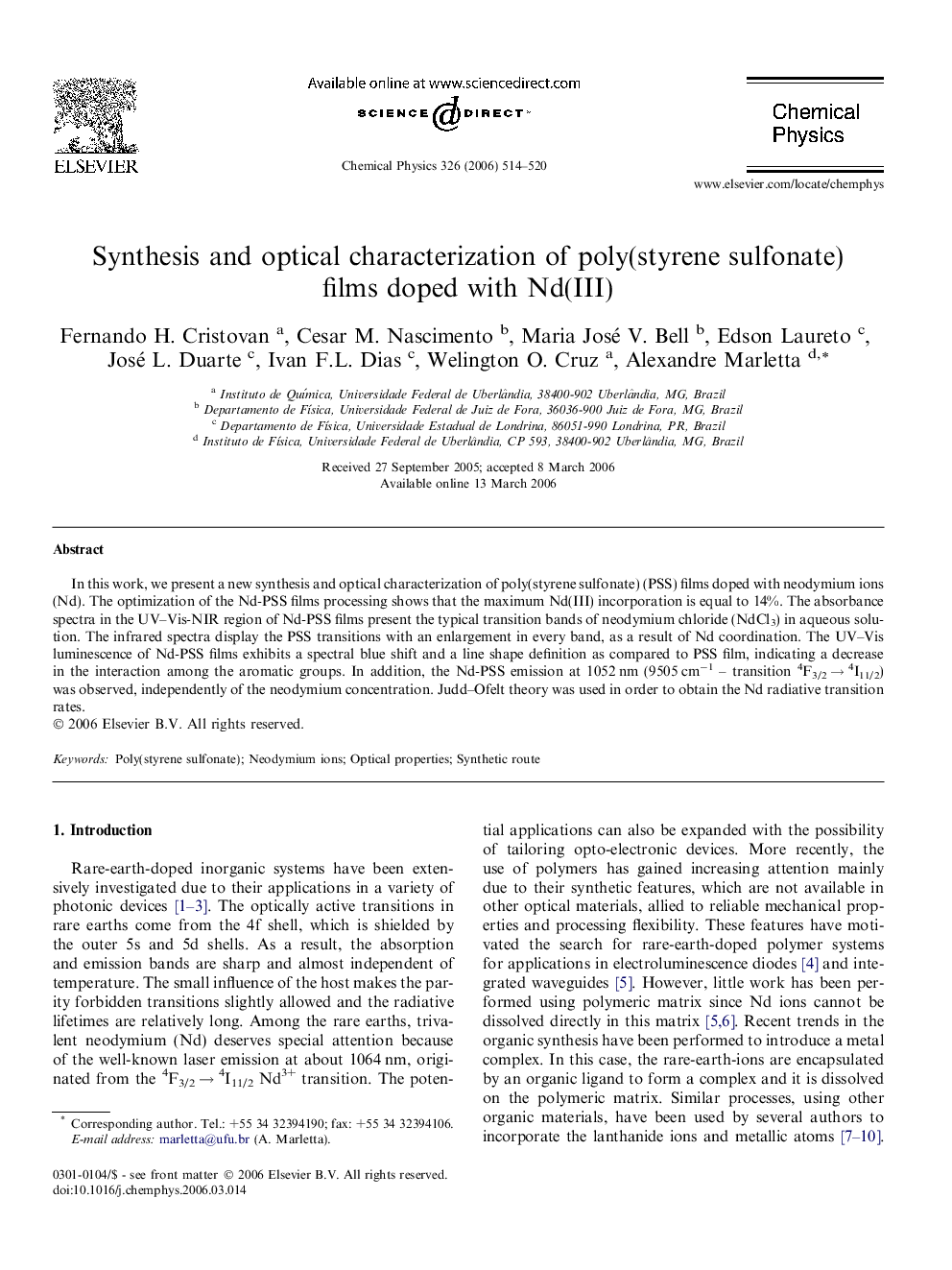 Synthesis and optical characterization of poly(styrene sulfonate) films doped with Nd(III)