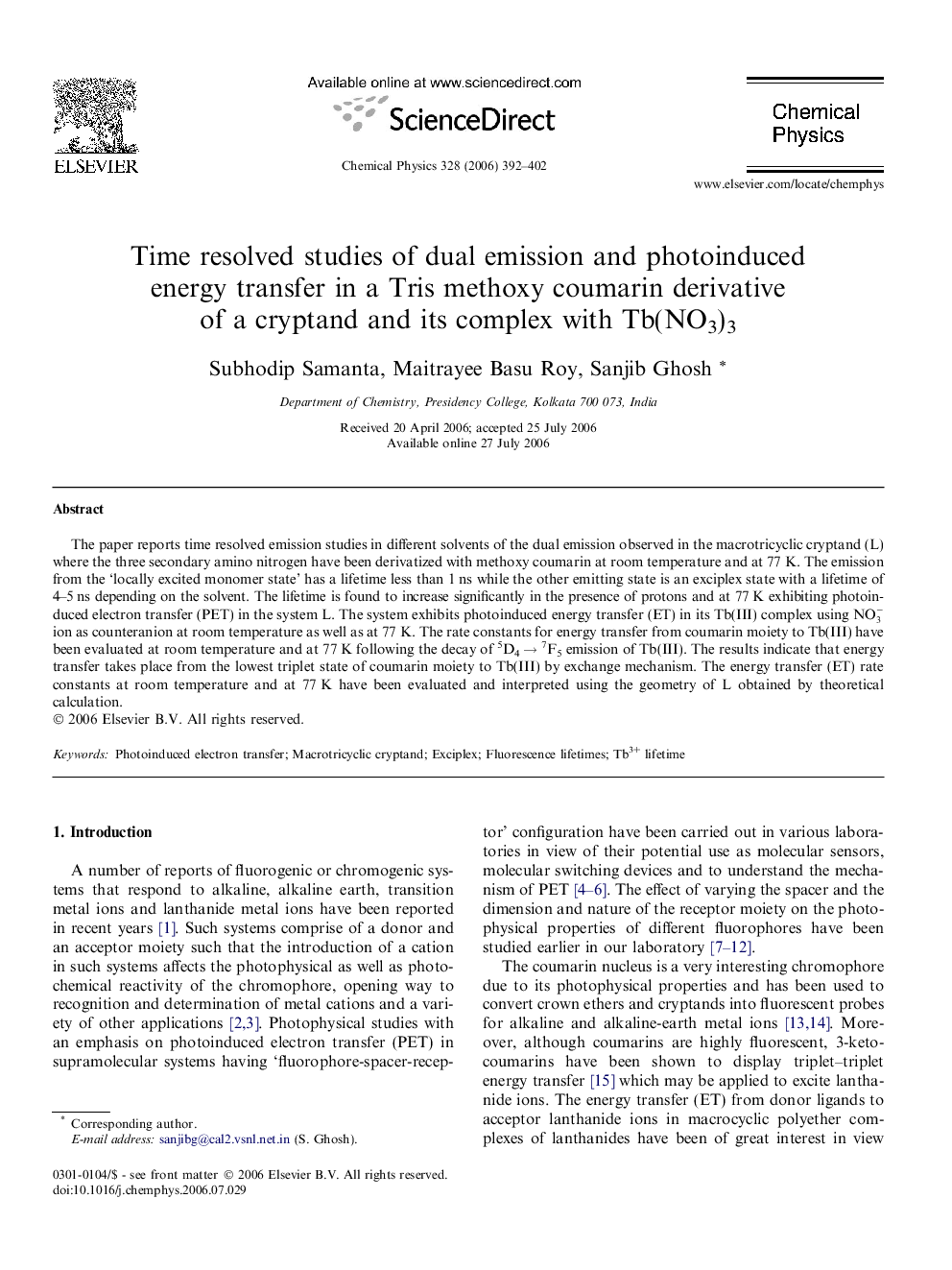 Time resolved studies of dual emission and photoinduced energy transfer in a Tris methoxy coumarin derivative of a cryptand and its complex with Tb(NO3)3