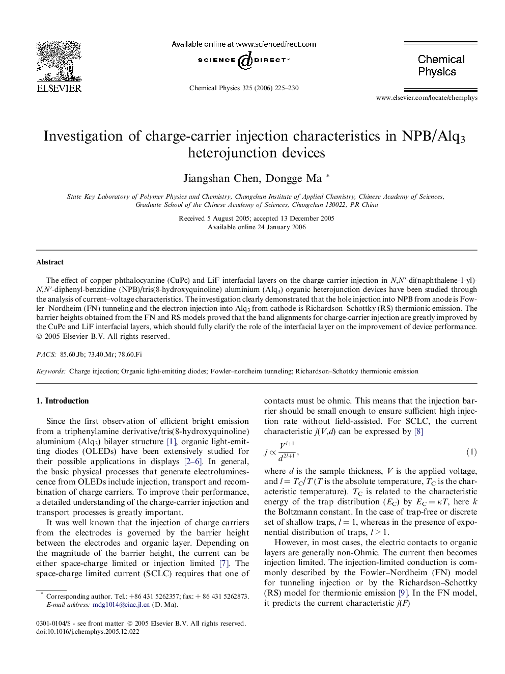 Investigation of charge-carrier injection characteristics in NPB/Alq3 heterojunction devices