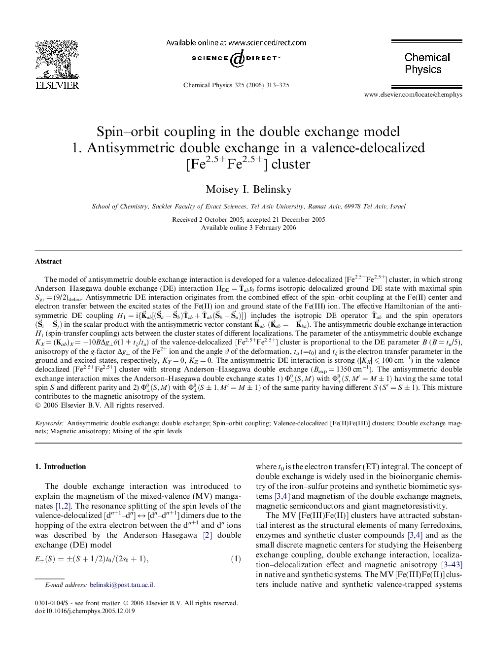 Spin-orbit coupling in the double exchange model 1. Antisymmetric double exchange in a valence-delocalized [Fe2.5+Fe2.5+] cluster