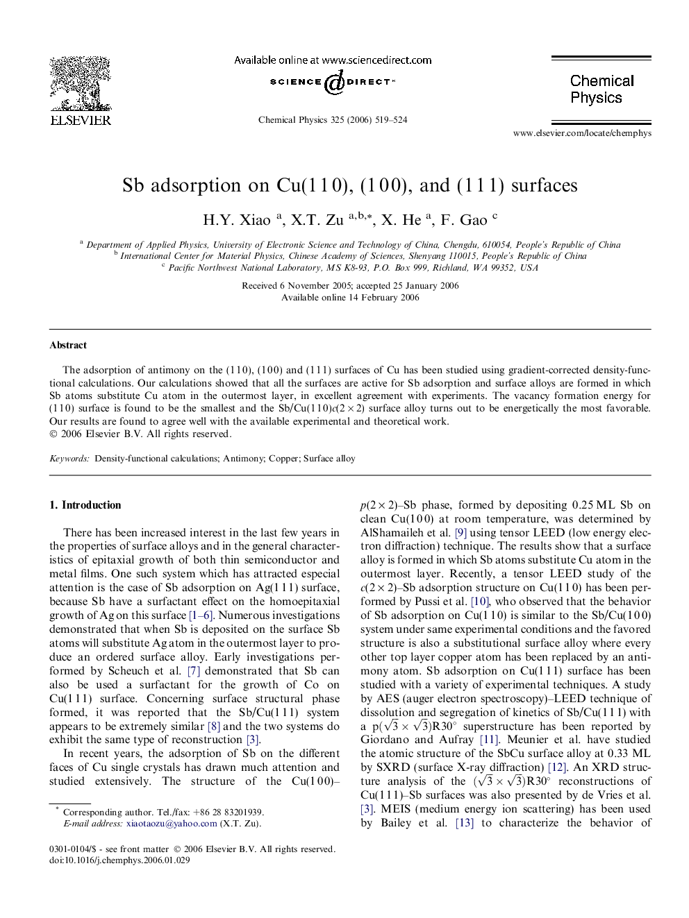 Sb adsorption on Cu(1Â 1Â 0), (1Â 0Â 0), and (1Â 1Â 1) surfaces