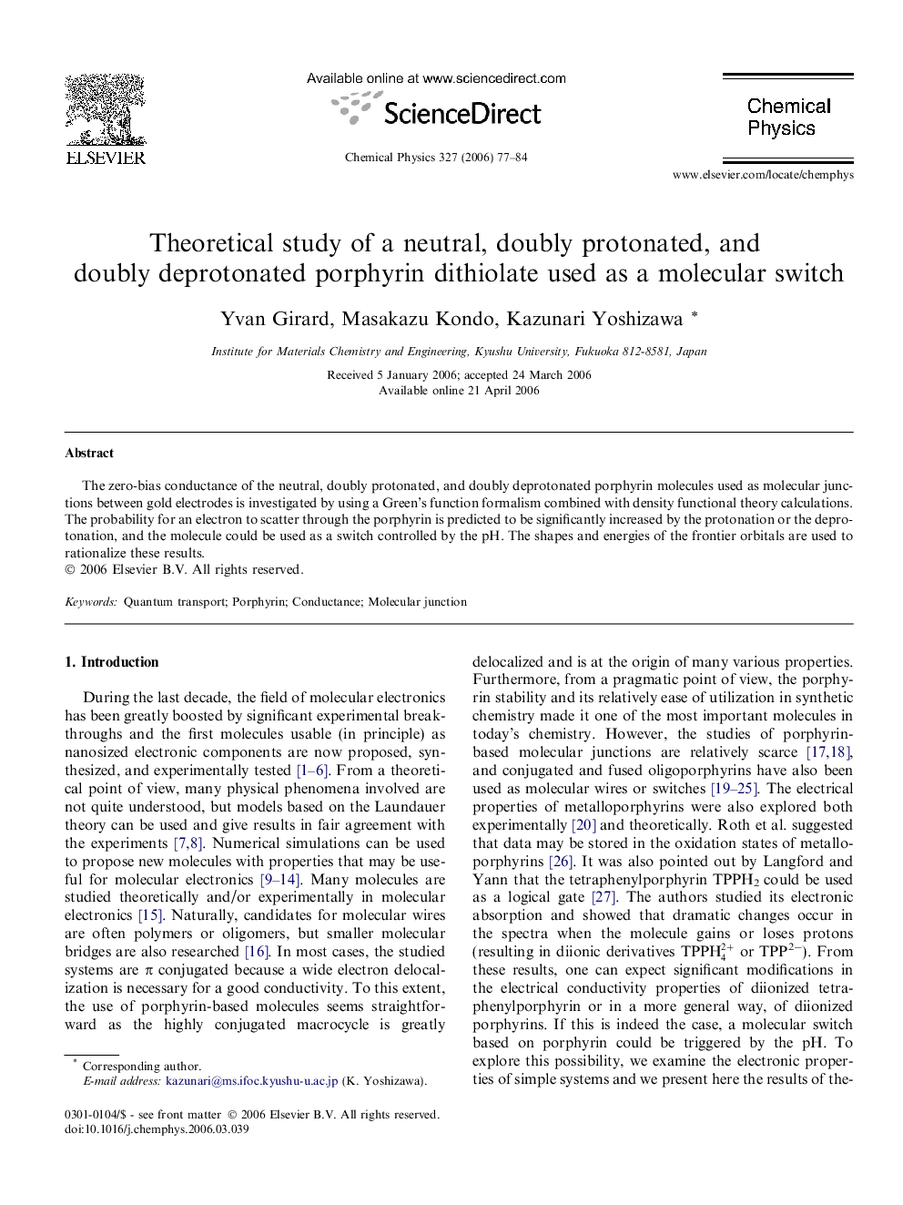 Theoretical study of a neutral, doubly protonated, and doubly deprotonated porphyrin dithiolate used as a molecular switch