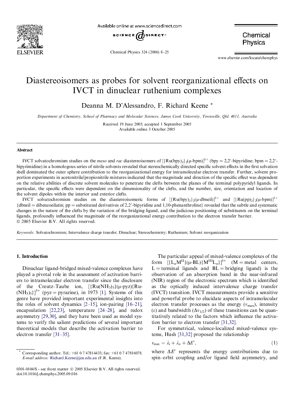 Diastereoisomers as probes for solvent reorganizational effects on IVCT in dinuclear ruthenium complexes