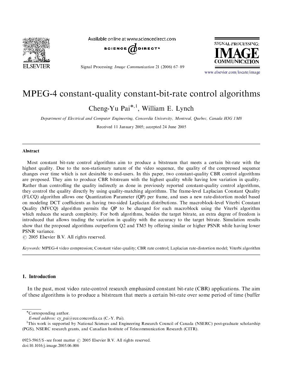 MPEG-4 constant-quality constant-bit-rate control algorithms