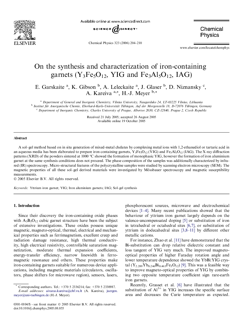 On the synthesis and characterization of iron-containing garnets (Y3Fe5O12, YIG and Fe3Al5O12, IAG)