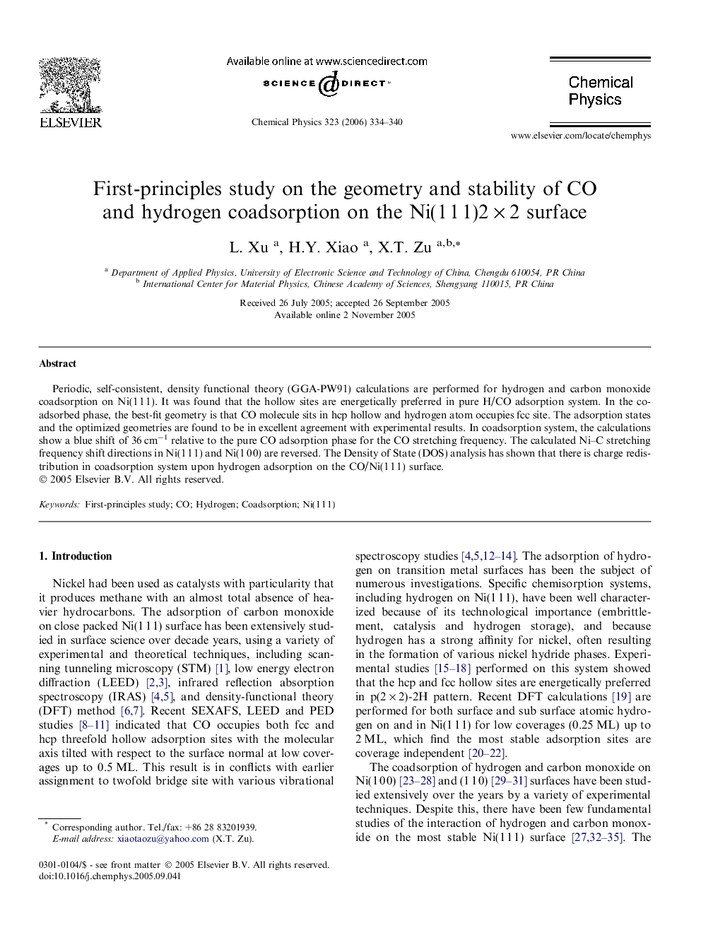 First-principles study on the geometry and stability of CO and hydrogen coadsorption on the Ni(1Â 1Â 1)2Â ÃÂ 2 surface