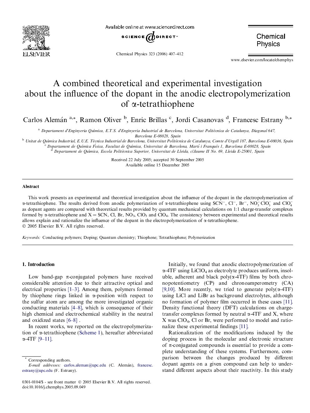 A combined theoretical and experimental investigation about the influence of the dopant in the anodic electropolymerization of Î±-tetrathiophene