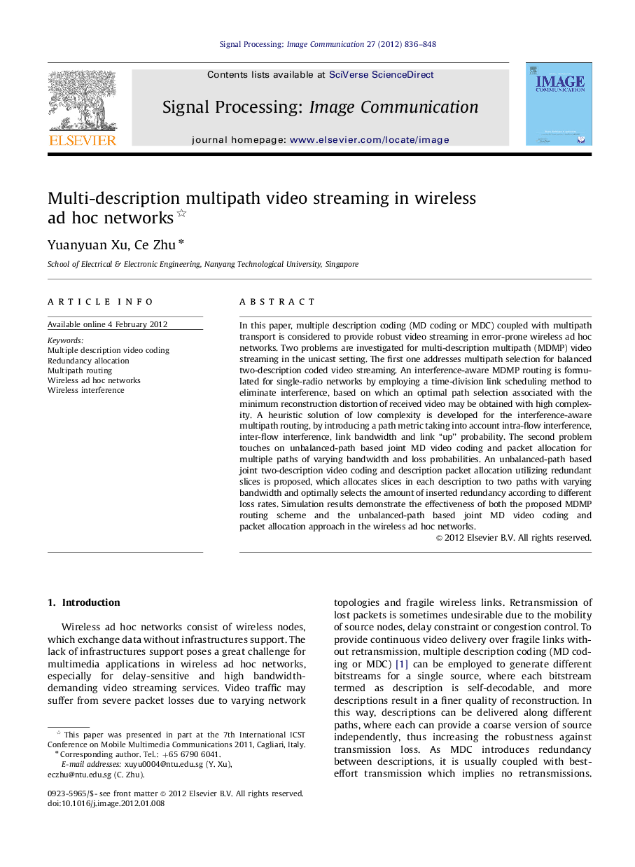 Multi-description multipath video streaming in wireless ad hoc networks 