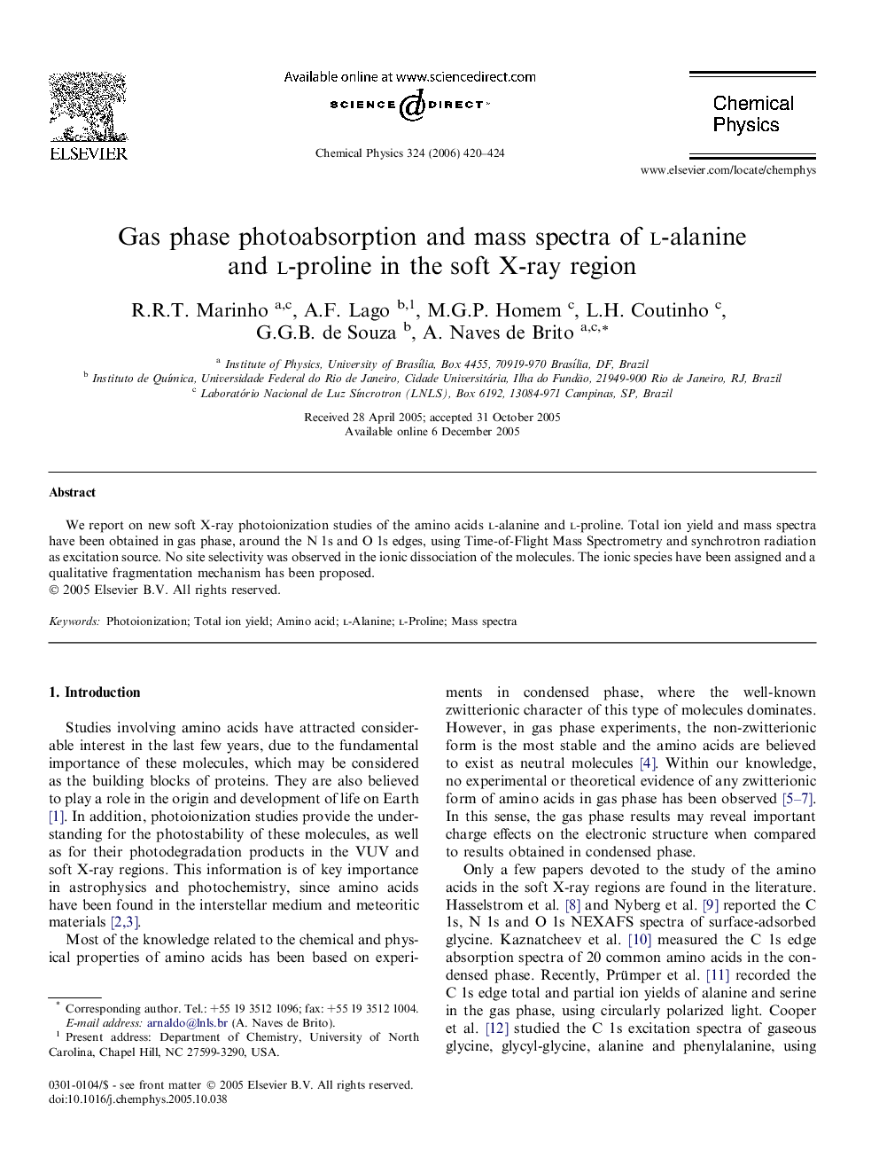 عکس صفحه اول مقاله: Gas phase photoabsorption and mass spectra of l-alanine and l-proline in the soft X-ray region Gas phase photoabsorption and mass spectra of l-alanine and l-proline in the soft X-ray region