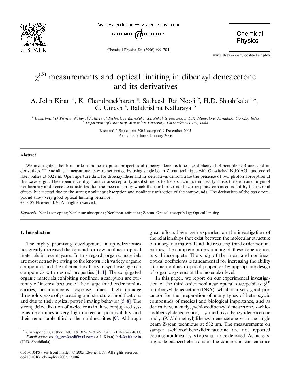 Ï(3) measurements and optical limiting in dibenzylideneacetone and its derivatives