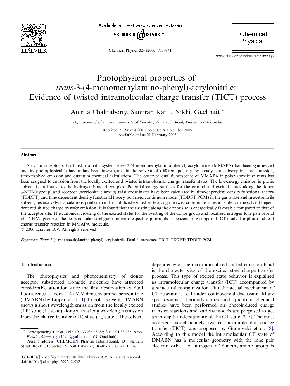 Photophysical properties of trans-3-(4-monomethylamino-phenyl)-acrylonitrile: Evidence of twisted intramolecular charge transfer (TICT) process