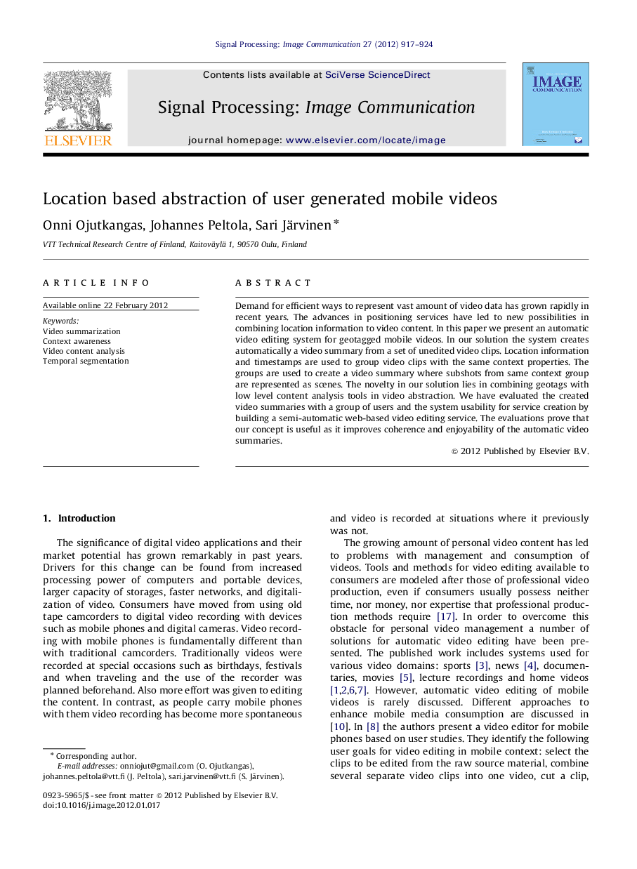 Location based abstraction of user generated mobile videos